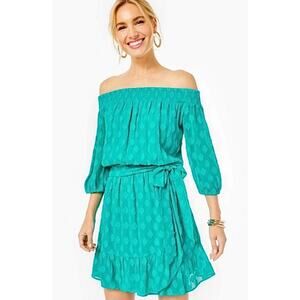 Lilly Pulitzer Rochelle Off the Shoulder Romper Water Lilly Green Small NWT